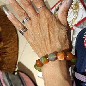 New Genuine Real Chunky Faceted 15mm Green Orange Agate Stretchy Beaded Bracelet